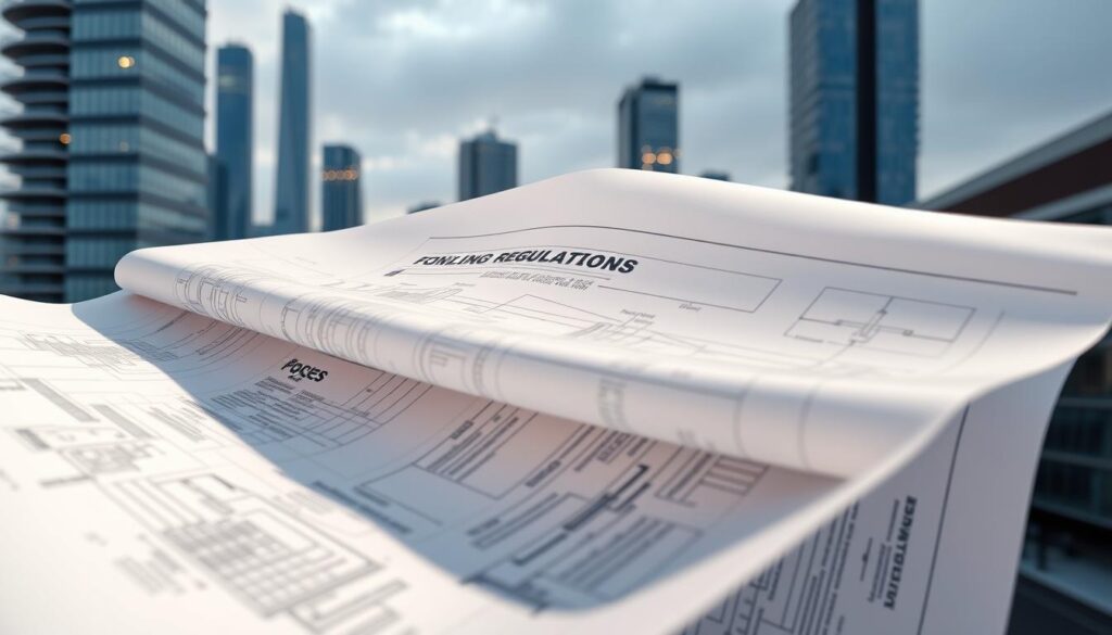 An architectural blueprint unfurling against a backdrop of a modern cityscape, showcasing the introduction of new building regulations. Soft, directional lighting illuminates the intricate technical drawings, highlighting key changes to construction codes and guidelines. The scene conveys a sense of progress and innovation, with sleek skyscrapers and glass facades in the distance, hinting at the transformative impact of these regulatory updates. The overall mood is one of measured optimism, as the viewer is drawn into the details of this pivotal shift in the built environment.