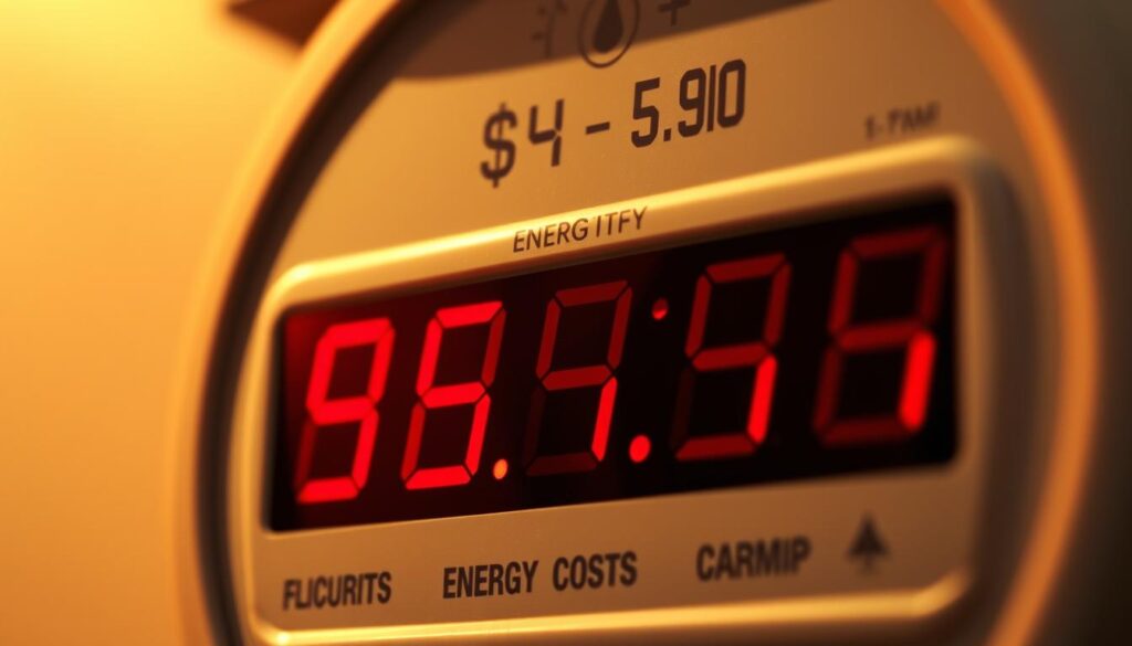 A close-up view of a digital energy meter display, showing rapidly increasing numeric values that represent skyrocketing electricity and heating costs. The meter is set against a muted, desaturated background, conveying a sense of unease and financial strain. Warm, diffused lighting casts subtle shadows, emphasizing the ominous nature of the rising figures. The composition draws the viewer's attention to the unsettling data, evoking the growing burden of energy expenses on households. The scene conveys the unsettling reality of the current energy crisis and its impact on domestic budgets.