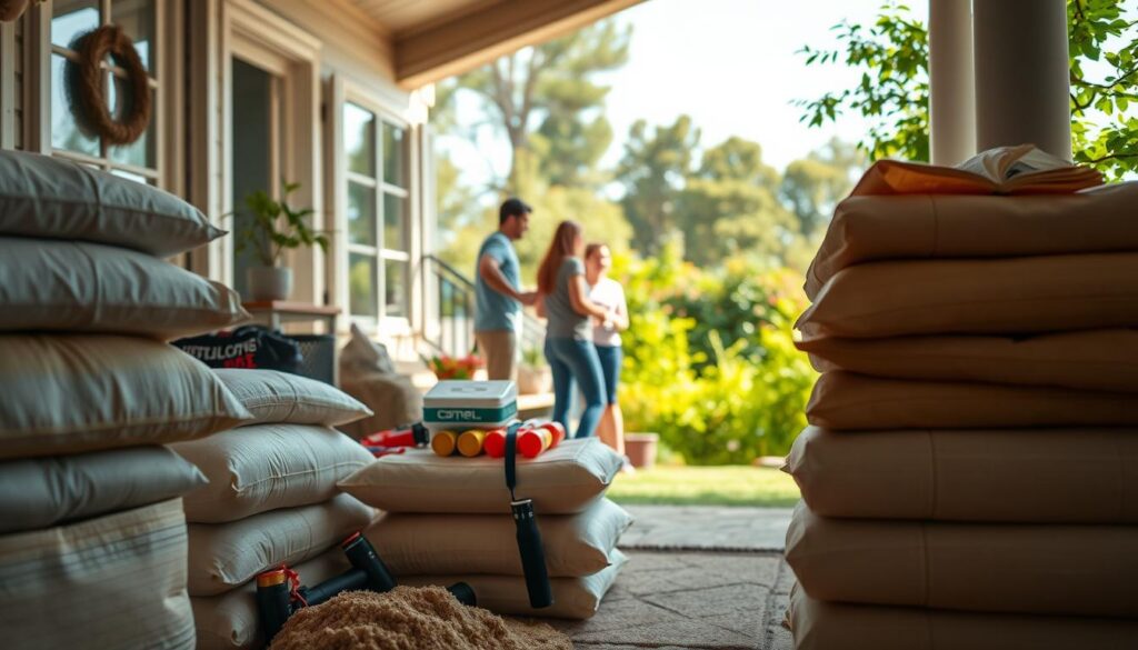 A cozy, well-prepared home, with a tranquil, domestic atmosphere. In the foreground, neatly stacked sandbags, flashlights, and emergency supplies, showcasing a homeowner's readiness. The middle ground features a family gathering, discussing safety measures and reviewing emergency plans. In the background, a lush, verdant garden and a clear, sunny sky, emphasizing the importance of creating a secure, comfortable environment. Soft, diffused lighting casts a warm, reassuring glow, and the camera angle is slightly elevated, conveying a sense of control and preparedness. The overall tone is one of calm, proactive resilience in the face of potential extreme weather events.