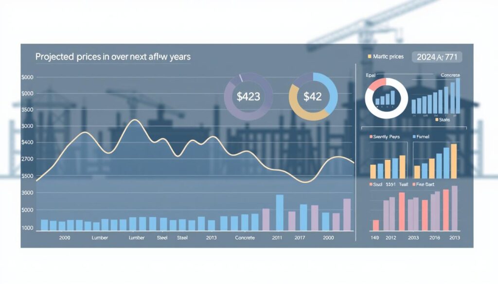 A data visualization dashboard displaying projected prices of construction materials over the next few years. The foreground showcases a line graph with fluctuating curves representing the price trends of key building supplies like lumber, steel, and concrete. The middle ground features circular charts and bar graphs providing detailed breakdowns and forecasts. The background depicts a stylized architectural blueprint or construction site silhouette, conveying the real-world context. The overall scene has a professional, analytical tone with a cool color palette, clean typography, and minimalist design elements to effectively communicate the data-driven "prognosis" of future construction material costs.