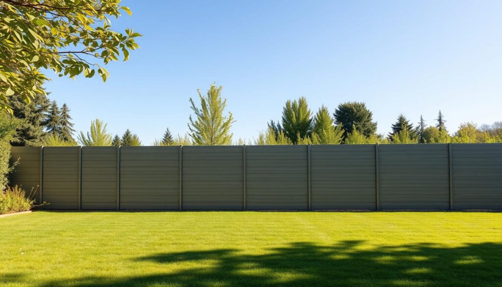 A modern, minimalist fence stretching across a well-manicured lawn, flanked by lush greenery and a clear blue sky. The fence features clean, sleek lines in a muted, natural palette, seamlessly blending with the surrounding landscape. Warm, diffused sunlight filters through, casting soft shadows and highlighting the texture of the materials. The scene conveys a sense of elegant simplicity, security, and harmony between the built and natural elements. The fence's contemporary design and high-quality construction showcase its durability and aesthetic appeal, perfectly capturing the essence of "Nowoczesne ogrodzenia" - modern fencing that prioritizes beauty, longevity, and safety.
