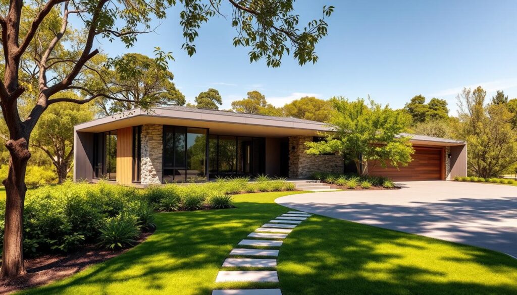 A modern single-family home nestled in a tranquil, sun-dappled landscape. The sleek, geometric façade features clean lines, large windows, and a seamless integration of natural materials like wood and stone. The home's roofline is low-pitched, emphasizing its horizontal orientation and blending harmoniously with the surrounding terrain. The property is dotted with lush, verdant foliage, and a paved path leads to the main entrance, framed by strategically placed lighting. The overall impression is one of contemporary elegance, sustainability, and a deep connection to the natural environment.