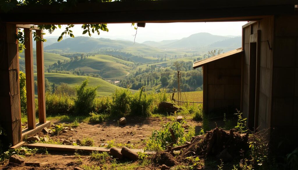 A partially constructed house nestled in a lush, verdant landscape. In the foreground, a sturdy foundation and partially framed walls suggest the early stages of an unauthorized building project. Sunlight filters through the gaps, casting warm, golden hues across the scene. In the middle ground, overgrown vegetation and untended terrain hint at the clandestine nature of the endeavor. The background is a panorama of rolling hills, dotted with trees and untamed foliage, conveying a sense of seclusion and evasion from regulatory oversight. The overall atmosphere is one of quiet defiance, where the desire for autonomy and self-reliance triumphs over formal processes, creating a makeshift, off-the-grid dwelling.