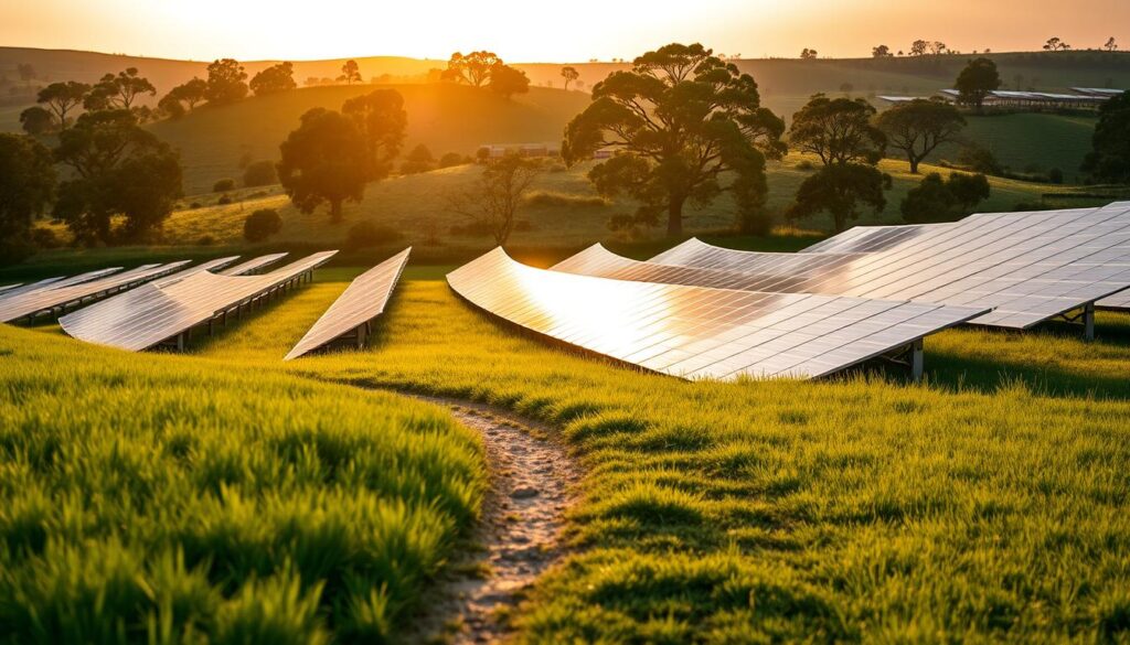 A serene solar farm nestled in a rolling landscape, with sleek, modern solar panels arranged in orderly rows, gently angled towards the warm, diffused sunlight of a late afternoon sky. In the foreground, a path winds through lush, verdant grass, inviting the viewer to step into this tranquil, renewable energy oasis. The middle ground features a mix of mature trees and low-lying shrubs, creating a natural, harmonious backdrop. Subtle shadows and highlights across the panels suggest a softly lit, atmospheric scene, conveying a sense of clean, sustainable energy production. The overall impression is one of efficiency, innovation, and environmental harmony.