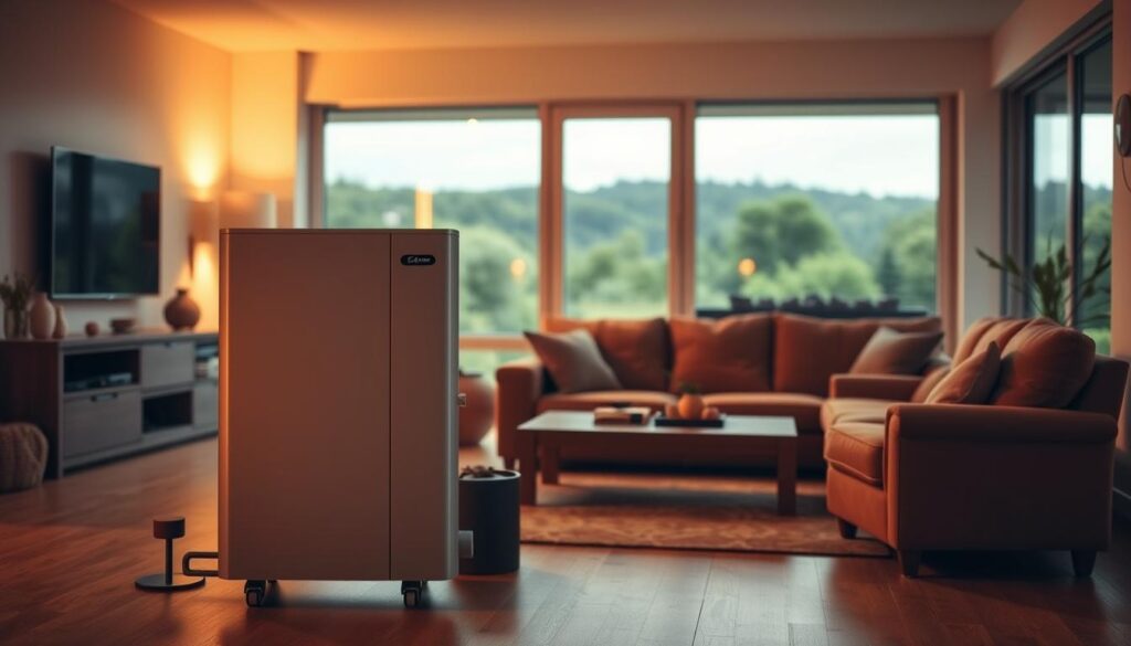A cozy living room with a central focus on a modern, energy-efficient heating system. The room is bathed in warm, soft lighting, creating a comfortable and inviting atmosphere. In the foreground, a sleek, minimalist heat pump or hybrid heating unit takes center stage, its clean lines and metallic accents reflecting the room's ambient glow. The middle ground features plush, earth-toned furnishings, including a large sofa and armchair, arranged to create a sense of intimacy and relaxation. In the background, large windows offer a view of a lush, verdant landscape, hinting at the home's sustainable and environmentally-conscious design. The overall scene conveys a sense of comfort, efficiency, and harmony, capturing the essence of "problematyka ogrzewania" in a modern, visually appealing manner.