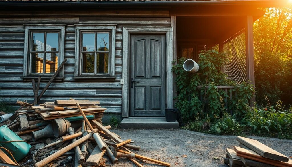 A cozy old house, its weathered facade hinting at a lifetime of stories. In the foreground, a pile of tools and materials - the first signs of an impending renovation. The midground showcases the front entrance, the wooden door slightly ajar, inviting us into this transformation. In the background, a garden lush with overgrown greenery, a testament to the home's history. Warm, golden sunlight filters through, casting a welcoming glow over the scene. The mood is one of anticipation and opportunity, as this beloved structure prepares to embark on a new chapter. A classic, wide-angle lens captures the full depth and character of this "wprowadzenie do remontu" - the introduction to a grand restoration.