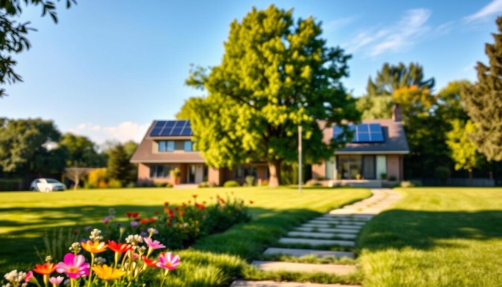 A serene landscape with a focus on a modern, energy-efficient home against a backdrop of lush green trees and a clear blue sky. The house features solar panels on the roof, indicating its eco-friendly design. In the foreground, a well-maintained garden with vibrant flowers and a path leading towards the entrance, symbolizing the "Clean Air" program's emphasis on environmental sustainability. The scene is bathed in warm, natural lighting, creating a welcoming and peaceful atmosphere. The overall composition conveys the program's goal of promoting energy-efficient and environmentally responsible home improvements.