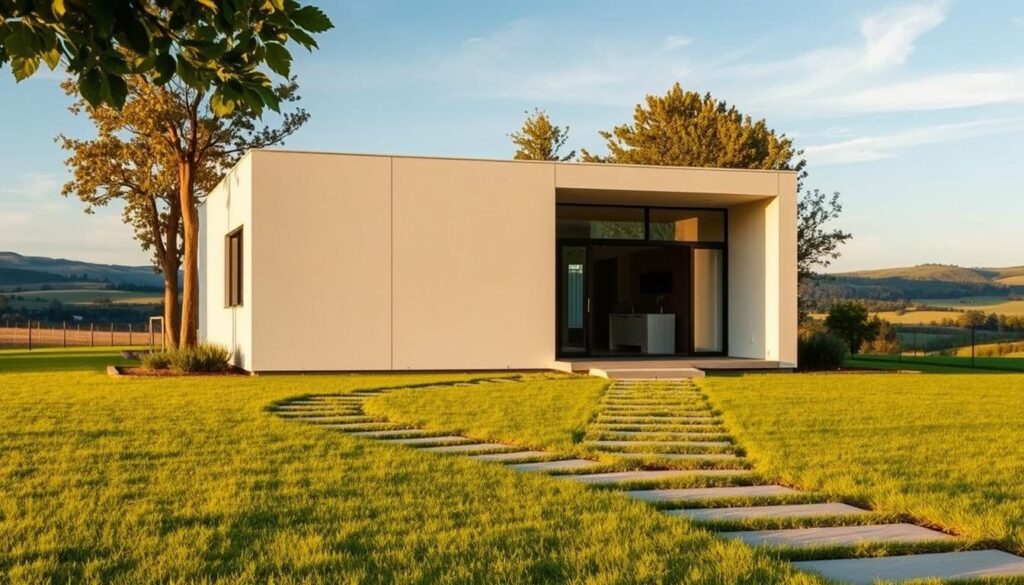 A sleek, modern prefabricated home stands proud in a lush, verdant landscape. The structure's clean lines and minimalist design are bathed in warm, golden sunlight, casting soft shadows across its minimalist facade. In the foreground, a neatly manicured lawn and a path of smooth paving stones lead the eye towards the entrance, hinting at the efficiency and convenience of this prefab construction. The background reveals a picturesque countryside setting, with rolling hills and a tranquil, azure sky overhead, creating a serene and inviting atmosphere. This image captures the essence of the introduction to prefabricated home construction - a harmonious blend of cutting-edge design, sustainable materials, and a seamless integration with the natural environment.