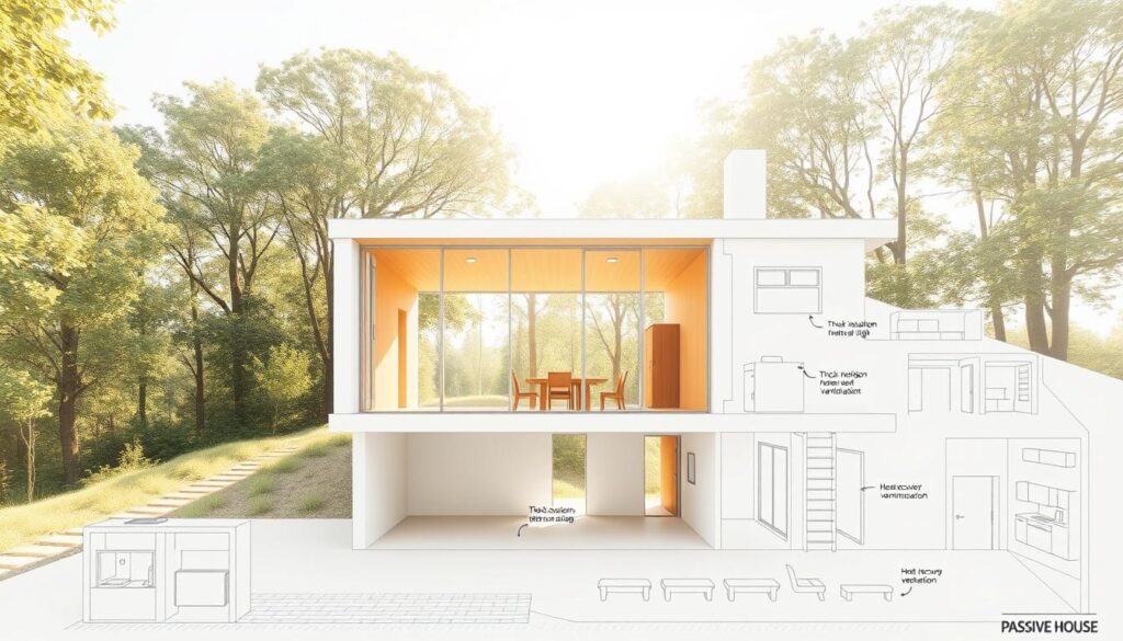 An architectural blueprint of a passive house, showcasing its key design elements. A minimalist, energy-efficient home nestled in a lush, natural setting. The building features large windows to maximize natural light, thick insulation to retain heat, and a heat recovery ventilation system. The layout is open and airy, with clean lines and a neutral color palette. Sunlight filters in, casting warm, diffused illumination throughout the interior. The scene conveys a sense of tranquility and environmental harmony, embodying the principles of passive architecture.