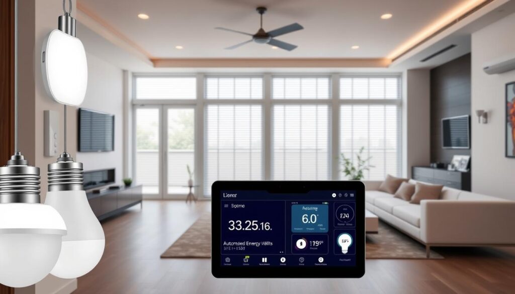 a sleek, modern smart home interior with open floor plan, large windows, and minimalist furniture. in the foreground, a voice-controlled lighting system with smart bulbs and wall-mounted panels. in the middle ground, a central smart home hub or control panel displaying temperature, security, and energy usage data. in the background, automated blinds, a programmable thermostat, and discreet security cameras. the overall scene conveys an atmosphere of efficiency, comfort, and technological integration in a stylish, high-end residential setting.